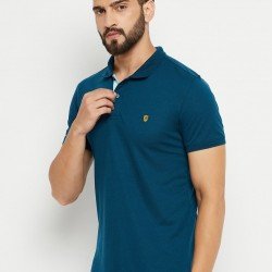 Men Embroidered Polo Neck Cotton Blend Blue T-Shirt