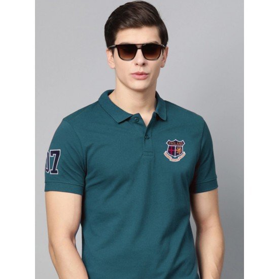 Men Embroidered Polo Neck Cotton Blend Blue T-Shirt